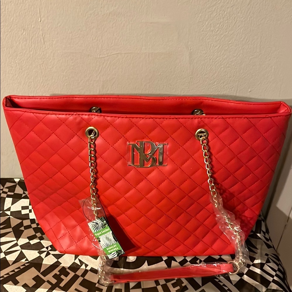 Badgley Mischka Red and Gold Quilted Tote with Chain Strap